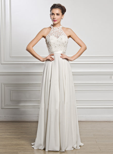 Women Elegant Sleeveless Lace Halter Wedding Dress