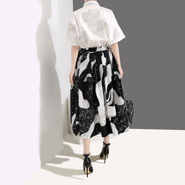 Summer High Elastic Waist Black Pattern Printed Temperament Half-body Skirt
