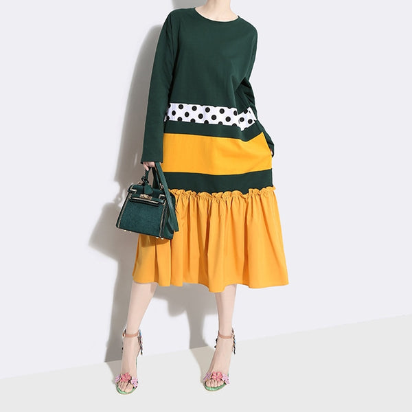 Summer Round Neck Long Sleeve Green Hit Color Dot Printed Hem Pleated Mini Dress 