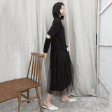 Summer Round Neck Long Sleeve Black Mesh Split Joint Hollow Out Maxi Dress
