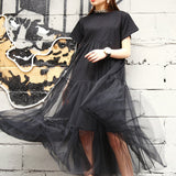 Women Large Size Black Stitching Net Yarn Round Collar Short Sleeve Maxi Dress