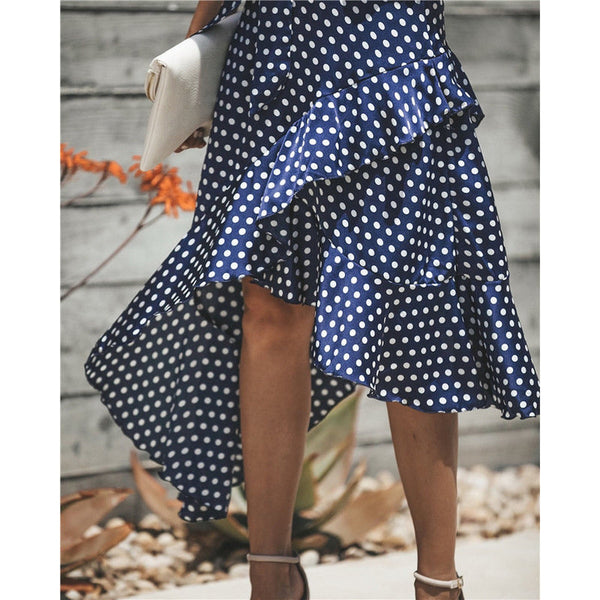 Women Dot  Asymmetrical Ruffles Halter Sleeveless Print Dress