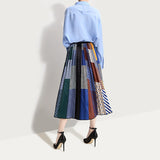 Spring Summer High Elastic Waist Black Striped Dot Printed Pleated Half-body Skirt 
