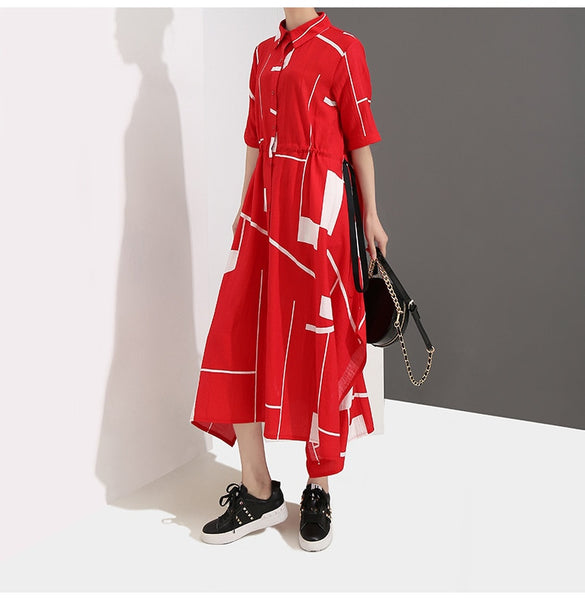 Summer Lapel Short Sleeve Geometric Printed Irregular Drawstring Women Shirt Maxi Dress
