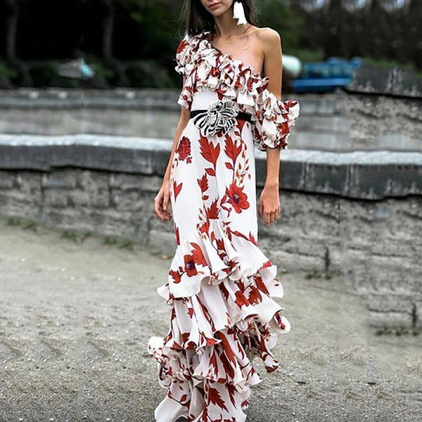 Fashion Women Plus Size Print Ruffle One Shoulder Long Maxi Dress