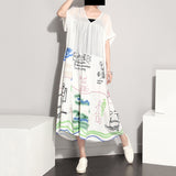 Summer Women Round Neck Short Sleeve Black Letter Printed Maxi Dress