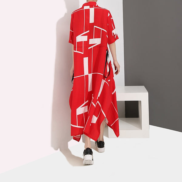 Summer Lapel Short Sleeve Geometric Printed Irregular Drawstring Women Shirt Maxi Dress
