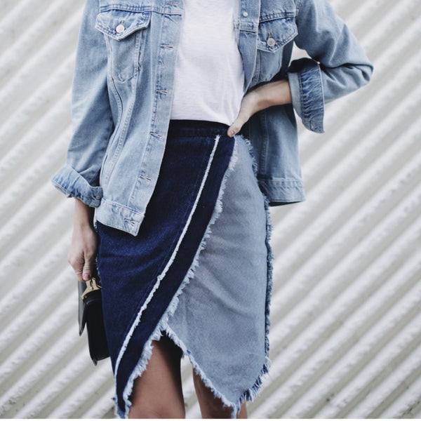New Fashion Casual Solid A-line Asymmetrical Tassels Knee-length Patchwork Denim Skirt 