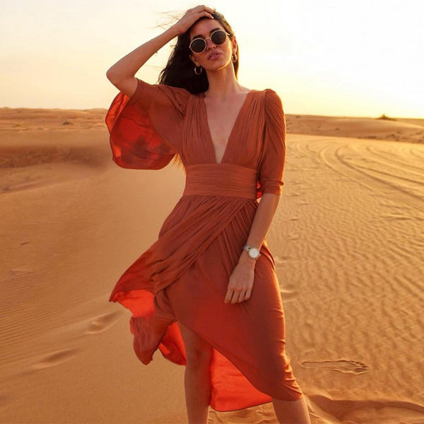 Women Bohemian Orange V Neck Backless Short Sleeve Irregular Maxi Dresses