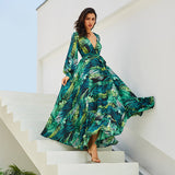 Women Long Sleeve Tropical Print Vintage Boho Maxi Dresses