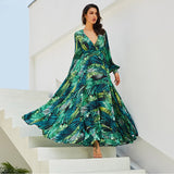 Women Long Sleeve Tropical Print Vintage Boho Maxi Dresses