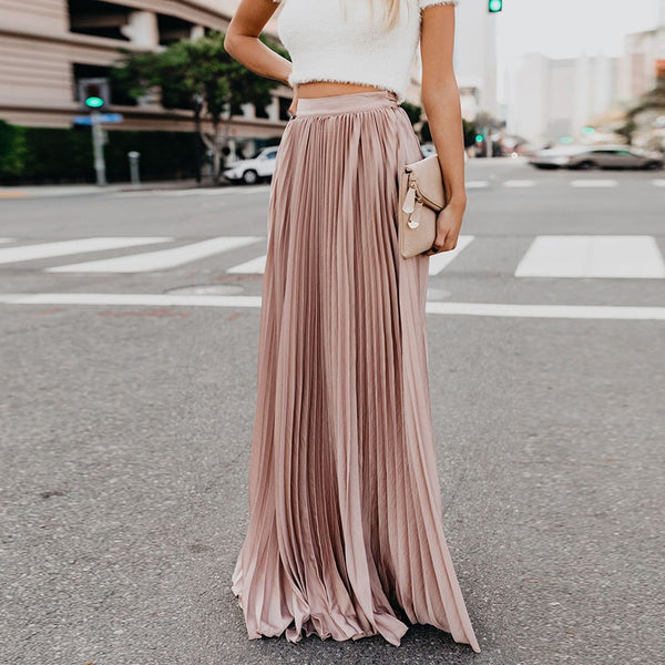 Summer Women Fashion Solid Color Elastic High Waist Skirt 