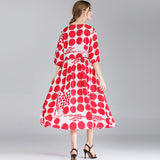 Women Round Neck Half Sleeve Black Dot Pattern Printed Classic Maxi Dress