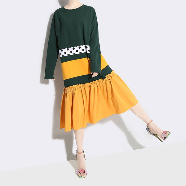 Summer Round Neck Long Sleeve Green Hit Color Dot Printed Hem Pleated Mini Dress 