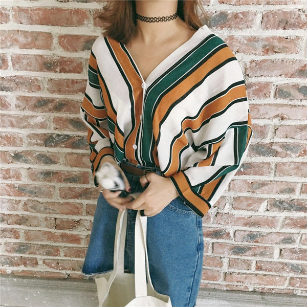 Women Striped Loose V-neck Long Sleeve Lace-up Blouse