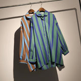 Summer Lapel Long Sleeve Green Striped Printed Irregular Shirt Blouse