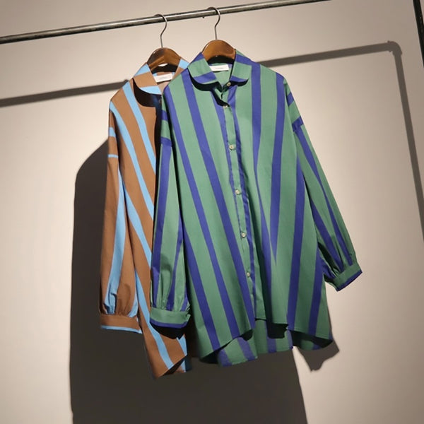 Summer Lapel Long Sleeve Green Striped Printed Irregular Shirt Blouse