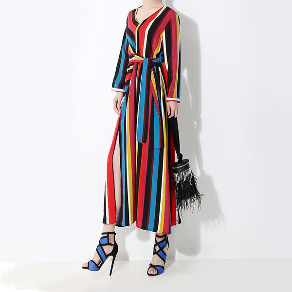 Summer Women V-cpllar Long Sleeve Red Striped Hit Color Bandage Stitch Maxi Dress