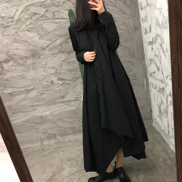 Women Solid Color Long Sleeve Turn-down Collar Long Sleeves Maxi Dress