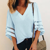 Women V Neck Flared Sleeves Blouse Female Shirt Casual Loose Mesh Patchwork Shirts