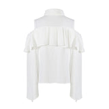 Women Lapel Long Sleeve Off Shouder White Loose Ruffles Stitch Loose Shirt Blouse 