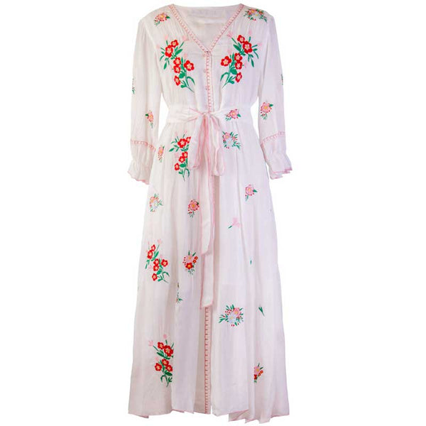 White floral Embroidered V-neck 3/4 sleeve Buttons Bohemia Dresses