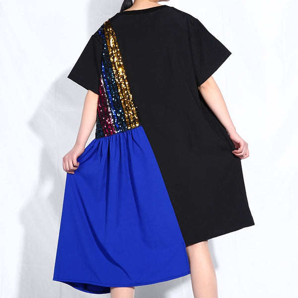 Spring Summer Round Neck Short Sleeve Black Hit Color Irregular Sequins Maxi Dress