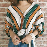 Women Striped Loose V-neck Long Sleeve Lace-up Blouse