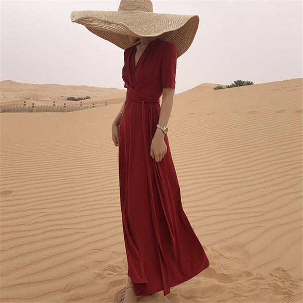 Women Elegant Solid Color Short Sleeves Maxi Dress