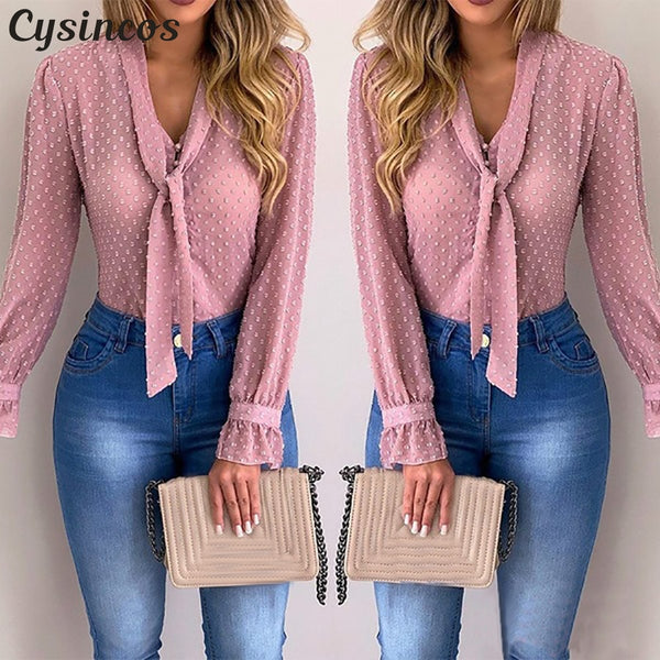  Chiffon Blouses Women Autumn Fashion Long Sleeve V-neck Pink Shirt Office Blouse Slim Casual Tops 