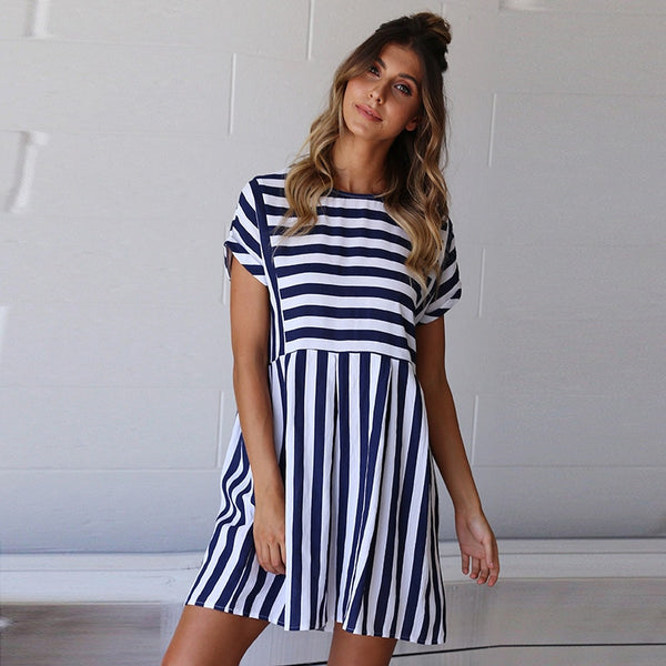 Summer Women  A-Line Striped Short Sleeve O-Neck Print Mini dress
