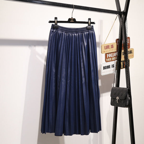 Autumn Fashion New PU Leather Pleated Elastic High Waist Skirt