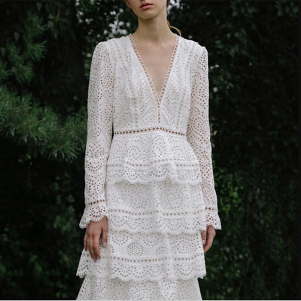 Summer Women White Lace Long Sleeve Elegant Embroidery Maxi Dress 
