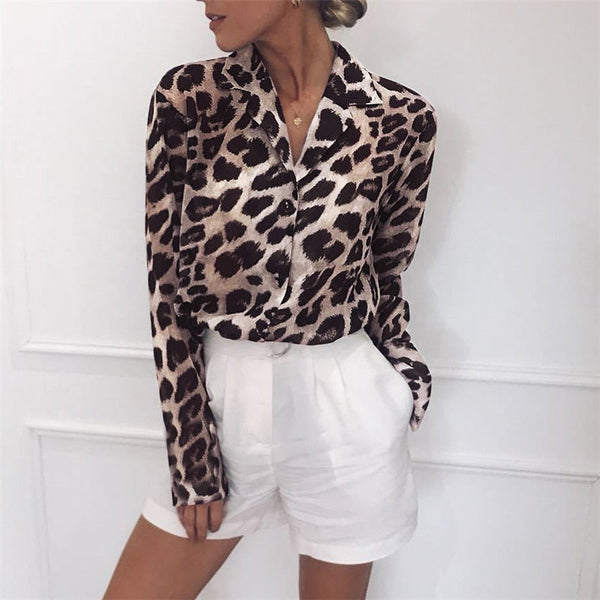 Chiffon Long Sleeve Sexy Leopard Print Turn Down Collar Blouse