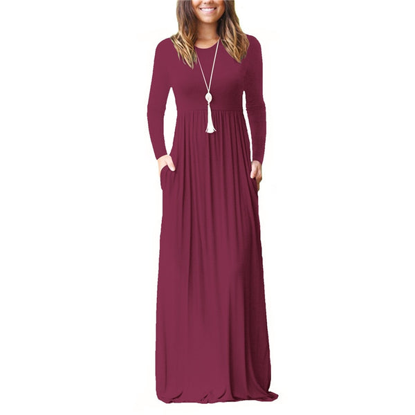 New Solid Color Long Sleeve O-Neck Casual Maxi Dress 
