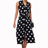 Elegant Dot Print Sleeveless Office Ladies Turn Down Collar Maxi Dress