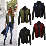 Women O-neck Zipper Stitching Quilted  Bomber Jacket 