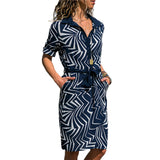 Women Striped Print Lace Up Knee Length Mini Dress