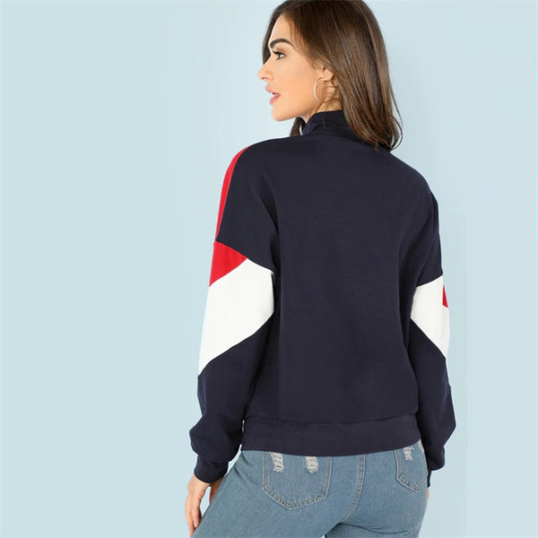 Women Hoodies Multicolor O-Ring Zip Front Cut Sew Stand Neck Raglan Sleeve Sweatshirt 