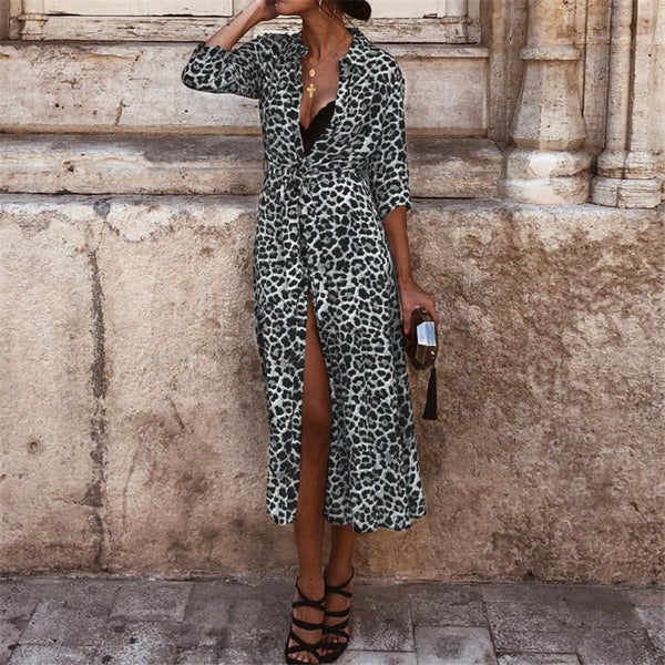 Women Leopard Print Sexy  V Neck Long Sleeve Maxi Dress