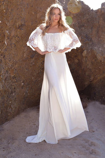 Women Off shoulder Lace Long Floor-Length Wedding Dress
