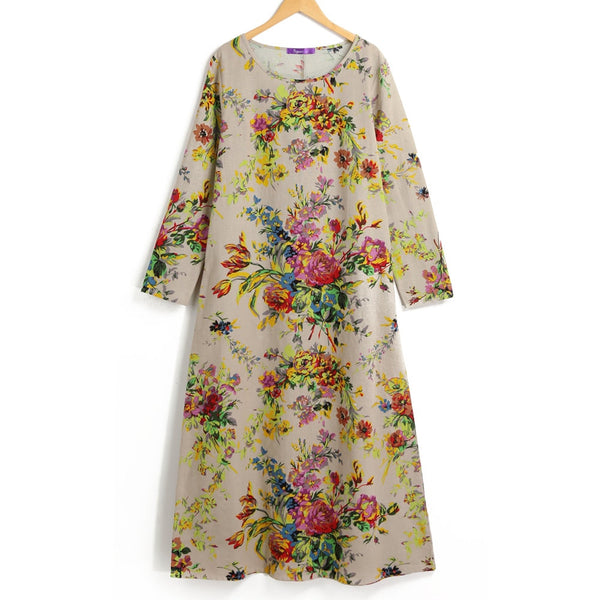 Women Vintage  Floral  Long Sleeves O Neck Cotton Casual Dress