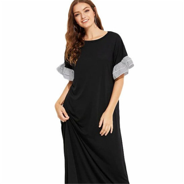 Straight Patchwork O-Neck Pullover Short Sleeve Maxi Dress