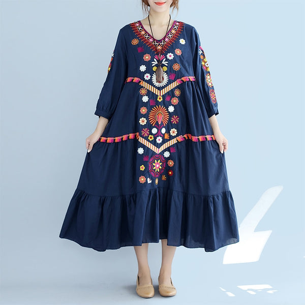 Women Embroidery Vintage three quarter Sleeve Floral Embroidered Cotton linen Casual Dress