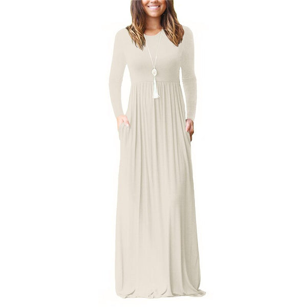 New Solid Color Long Sleeve O-Neck Casual Maxi Dress