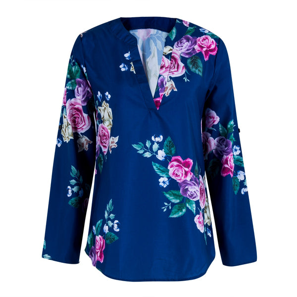 Women Long Sleeve V neck Floral Print Shirt Blouse