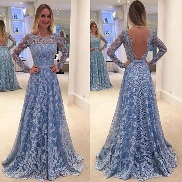 New Fashion Women's Long Sleeve Backless Blue Lace A-line Evening Dress