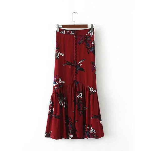Women Chic High waist Print Long Split Maxi Skirt