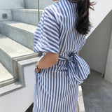 Women Cotton Blue Striped Bandage Split Long Maxi Dress 