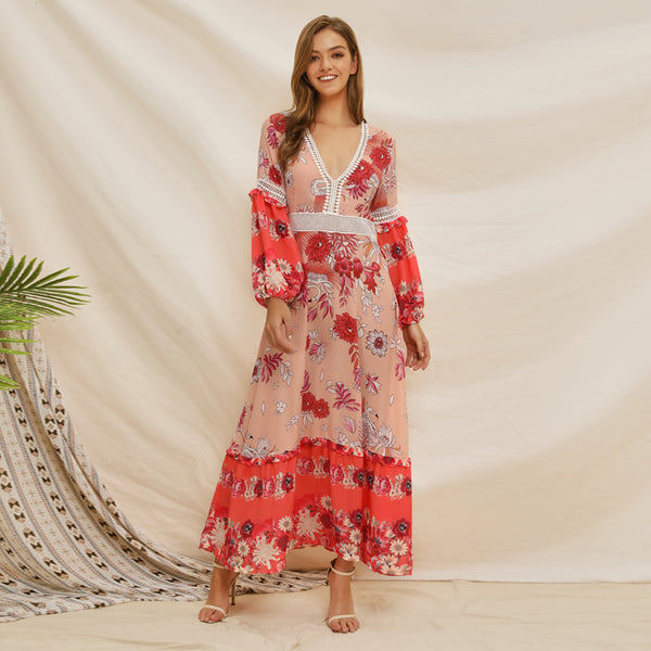 Women Long Sleeve Loose Print Floral Maxi Dress